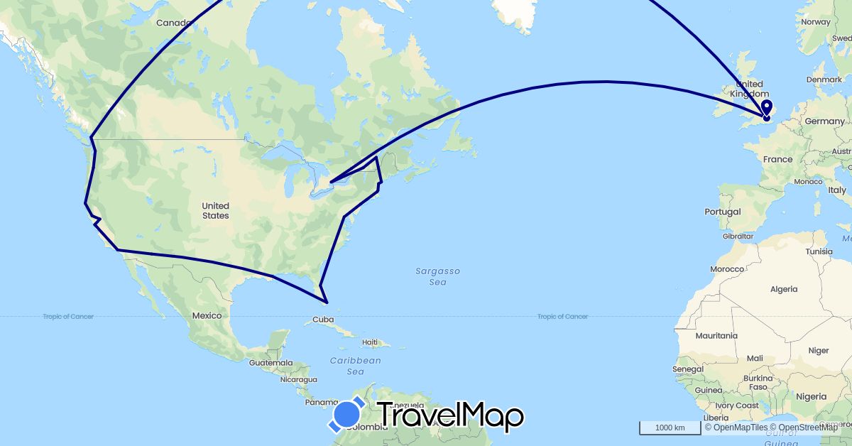 TravelMap itinerary: driving in Canada, United Kingdom, United States (Europe, North America)