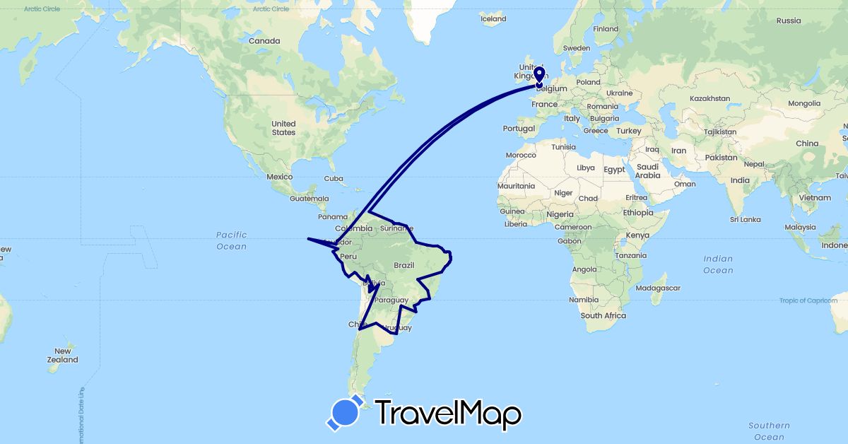 TravelMap itinerary: driving in Argentina, Bolivia, Brazil, Chile, Colombia, Ecuador, France, United Kingdom, Guyana, Peru, Suriname, Uruguay, Venezuela (Europe, South America)