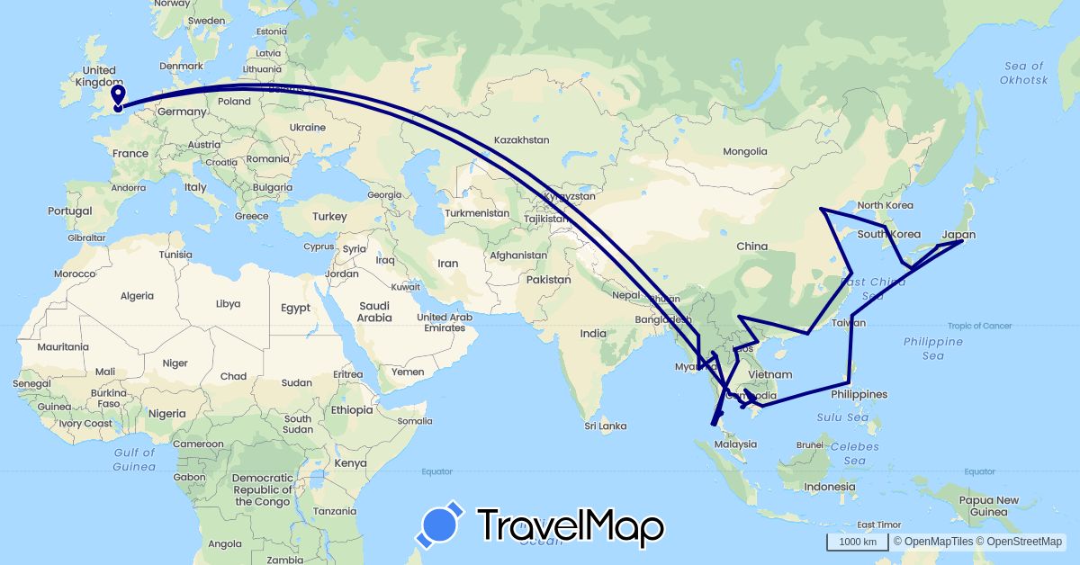 TravelMap itinerary: driving in China, United Kingdom, Japan, Cambodia, South Korea, Laos, Myanmar (Burma), Philippines, Thailand, Taiwan, Vietnam (Asia, Europe)