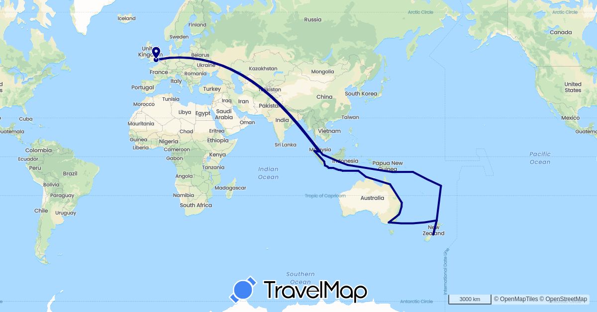 TravelMap itinerary: driving in Australia, Fiji, United Kingdom, Indonesia, Malaysia, New Zealand, Papua New Guinea, Solomon Islands, Singapore, East Timor (Asia, Europe, Oceania)